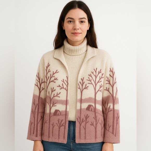 Vintage Sweaters - Vintage sherpa Women's Cream Purple cozy winter open Cardigan